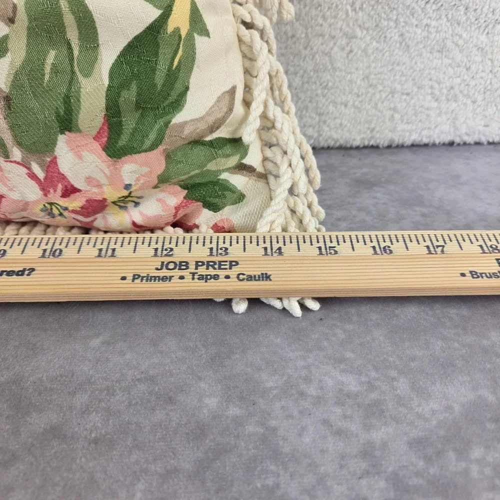 Vintage Floral Tapestry Throw Pillow Cream Pink Blue Rope Fringe 14x14 Square